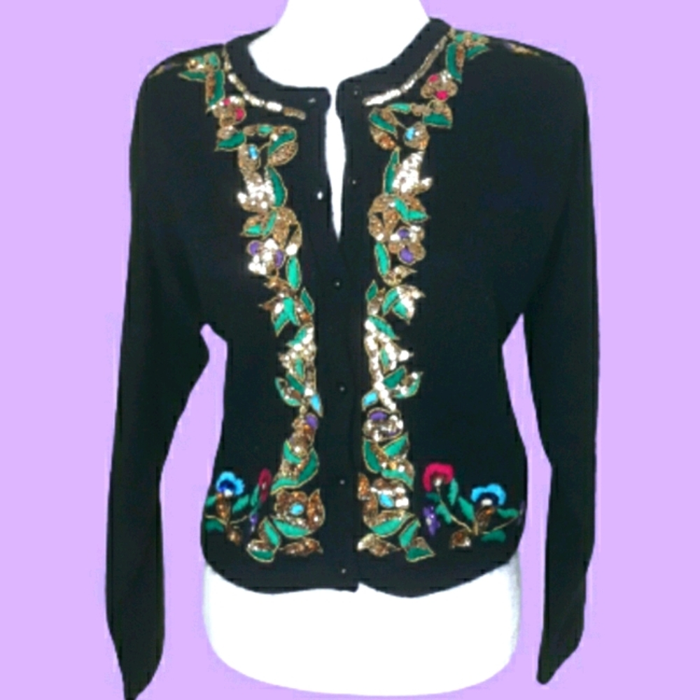 VTG 80'S EMBELLISHED BLACK CARDIGAN